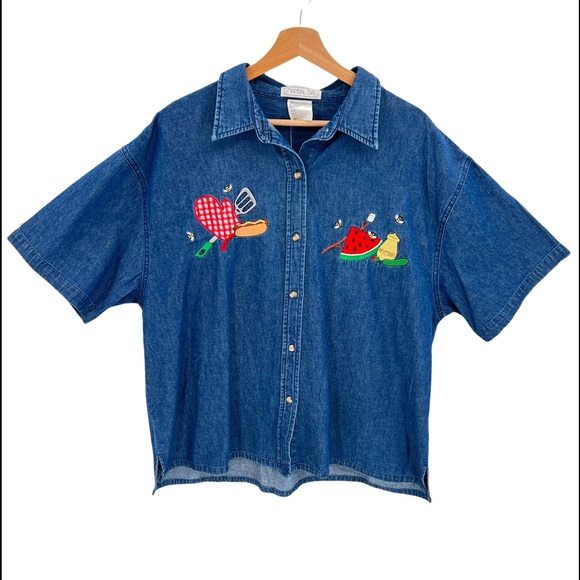 Mandal Bay Tops - Denim Chambray Button Down Shirt with Picnic Embroidered Details